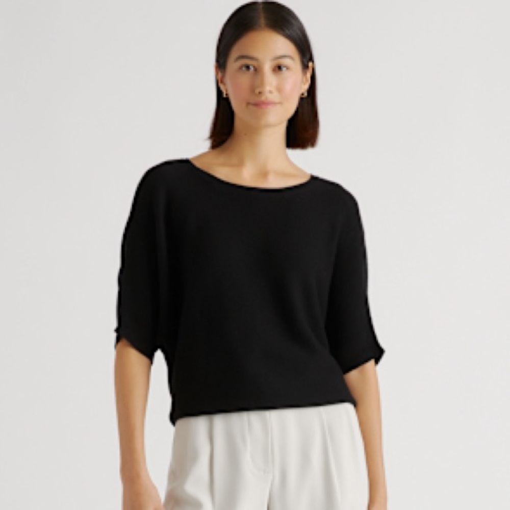 Quince Lightweight Cotton Cashmere Link-Stitch Dolman Sweater in Black
